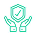 A green pixelated icon of two hands holding up a shield.